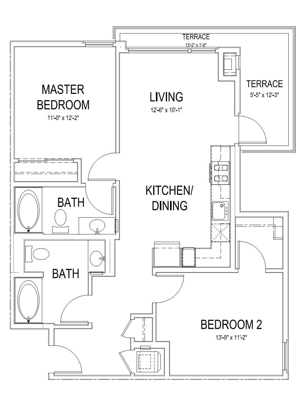 Floor plan for 2 beds, 2 baths, 937 sqft